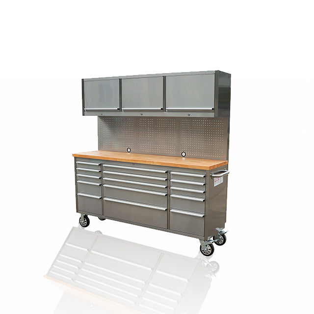 HYXION 72" STAINLESS STEEL TOOL CHEST (15 DRAWERS, 3 CABINETS)