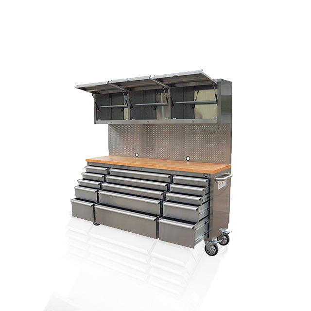 HYXION 72" STAINLESS STEEL TOOL CHEST (15 DRAWERS, 3 CABINETS)