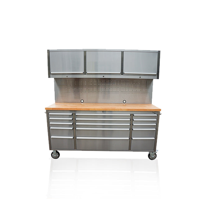 HYXION 72" STAINLESS STEEL TOOL CHEST (15 DRAWERS, 3 CABINETS)